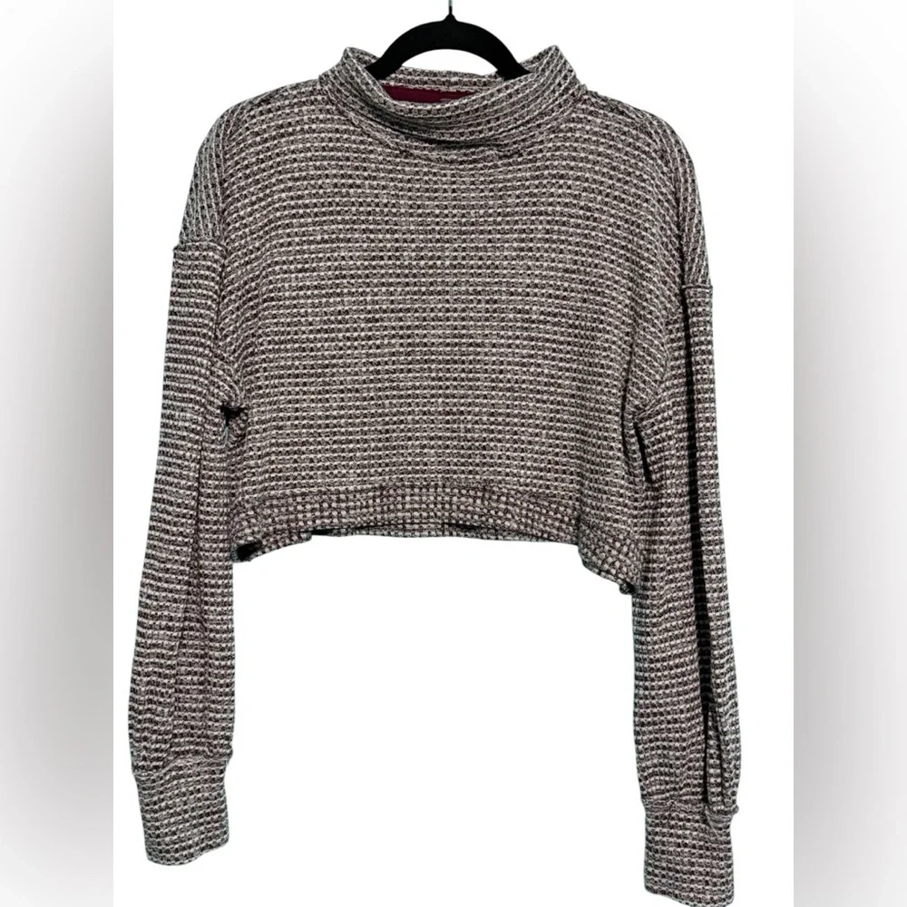 Free People Cropped Turtleneck Knit Sweater -White &Burgundy